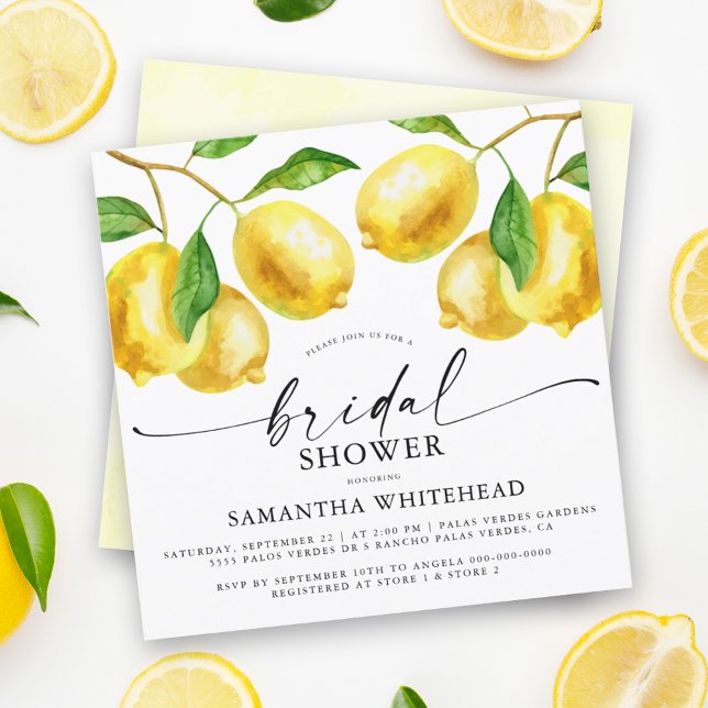 Invitation de douche nuptiale citron aquarelle (This playful and elegant bridal shower invitation features bright and cheerful lemon design.)