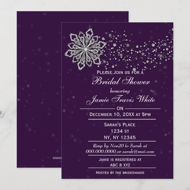 Invitation de douche nuptiale d'hiver violet et ar (Devant / Derrière)