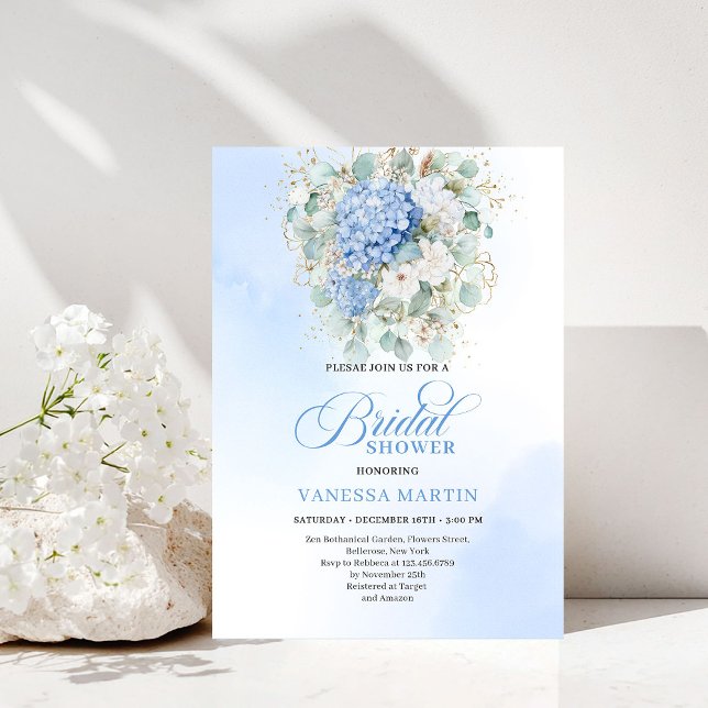 Invitation de douche nuptiale élégante à fleurs bl (Elegant Blue Floral Eucalyptus Bridal Shower Invitation)