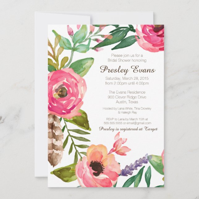 Invitation de douche nuptiale en fleurs et en plum (Devant)
