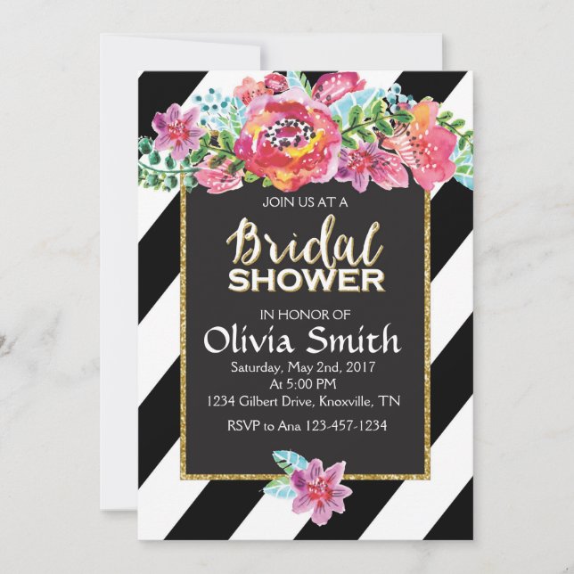 Invitation de douche nuptiale, Floral Black & Whit (Devant)