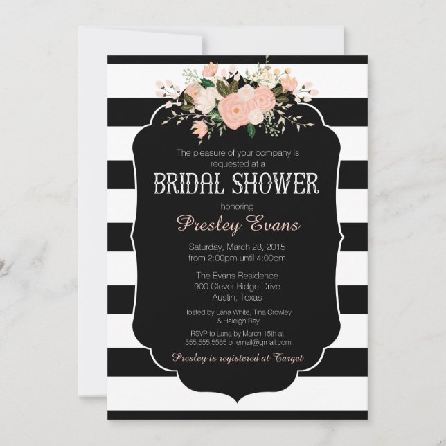 Invitation de douche nuptiale, floral noir & blanc (Devant)