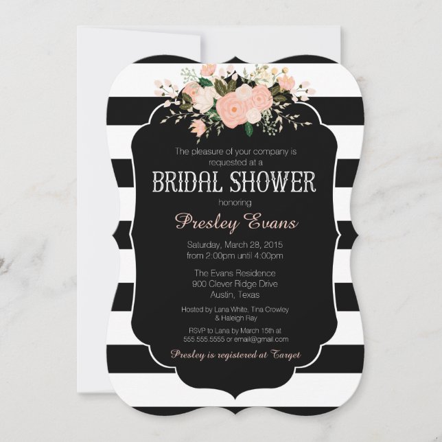 Invitation de douche nuptiale, floral noir & blanc (Devant)