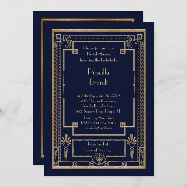 Invitation de douche nuptiale, grand Gatsby marine (Devant / Derrière)