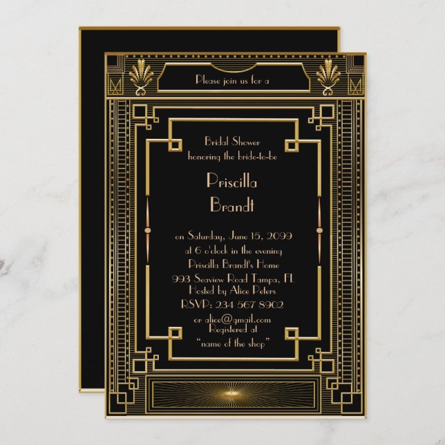 Invitation de douche nuptiale, grand Gatsby métal  (Devant / Derrière)