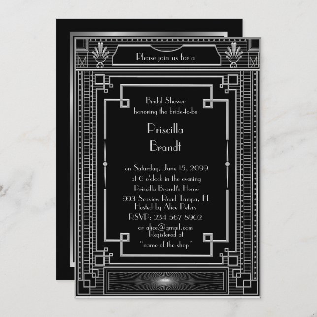 Invitation de douche nuptiale, grand Gatsby noir a (Devant / Derrière)