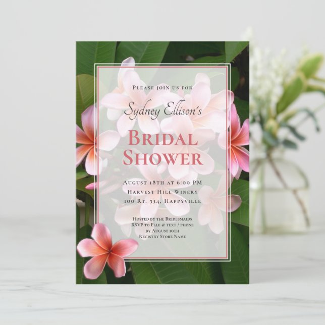 Invitation de douche nuptiale Plumeria rose (Debout devant)