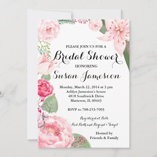 Invitation de douche nuptiale rose aquarelle (Devant)