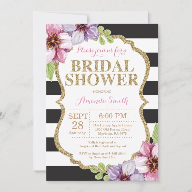 Invitation de douche nuptiale rose Noir Floral (Devant)