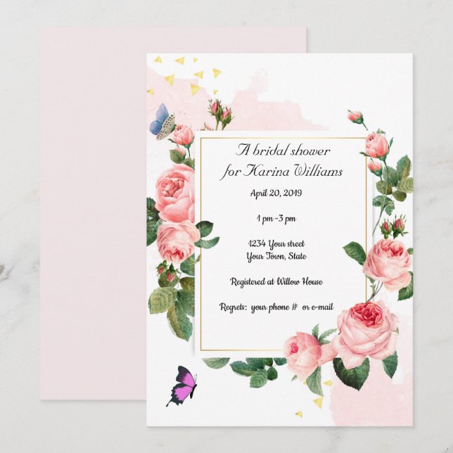 Invitation de douche nuptiale Rose vintage (Devant / Derrière)