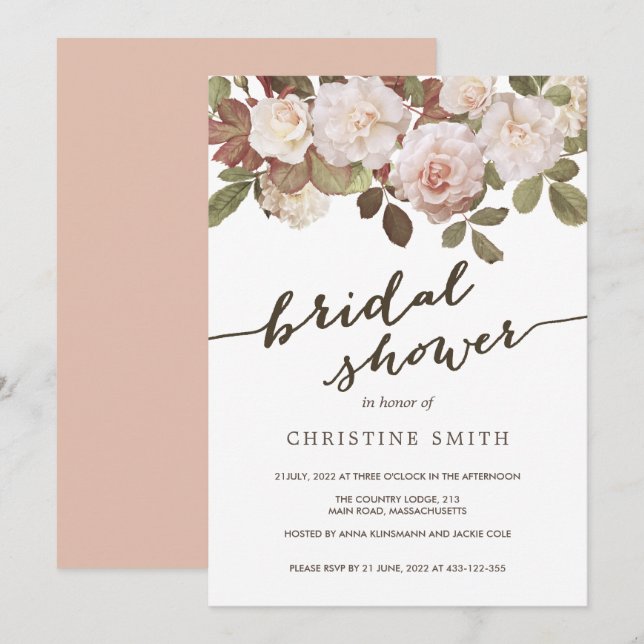 Invitation de douche nuptiale Rose vintage (Devant / Derrière)