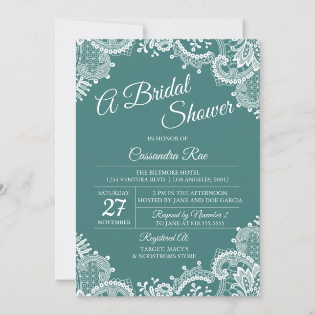 Invitation de douche nuptiale turquoise et dentell (Devant)