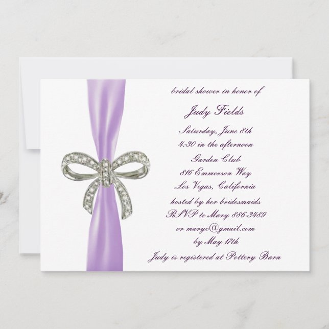 Invitation de douche nuptiale violette Diamond Bow (Devant)