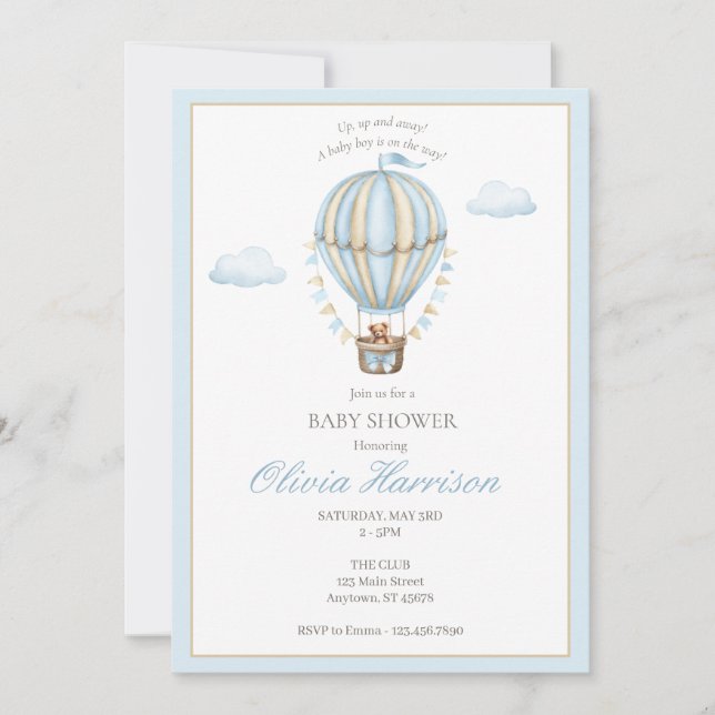 Invitation de douche pour bébé garçon au ballon à  (Devant)