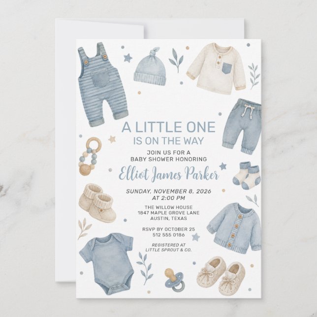 Invitation de douche pour bébé garçon tenue bleu b (Devant)