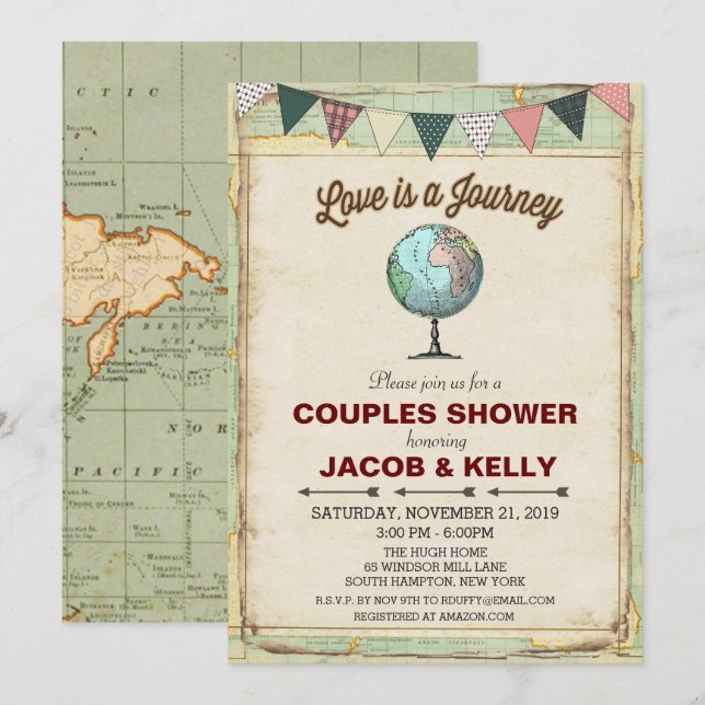 Invitation de douche pour couples de voyage Globe  (Devant / Derrière)