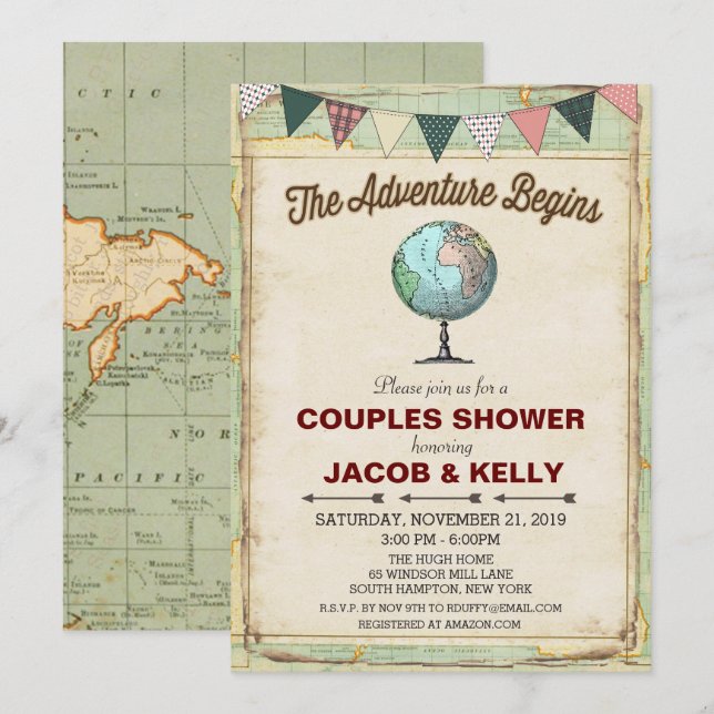 Invitation de douche pour couples de voyage Globe  (Devant / Derrière)