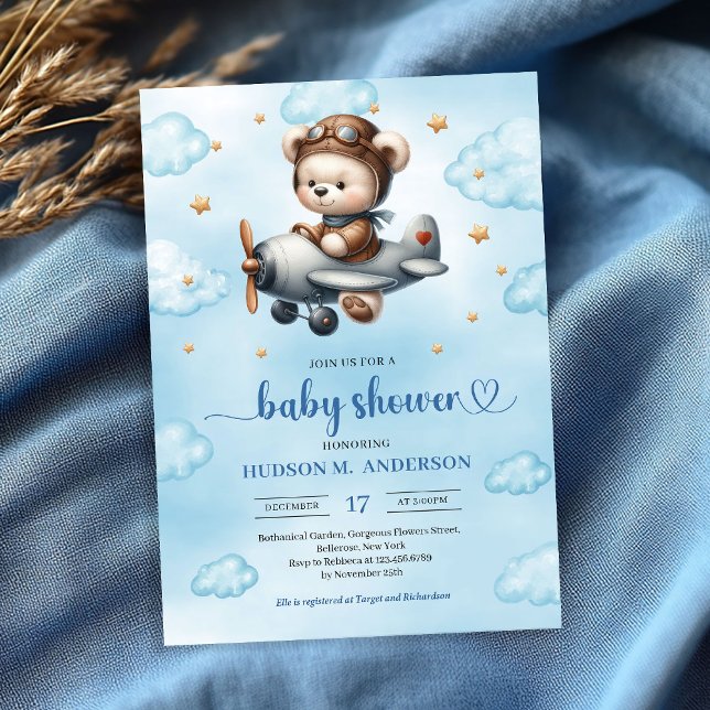 Invitation de douche pour garçon Teddy Bear Pilote (Lovely Boy Shower Invitation Teddy Bear Pilot Blue Brown

)