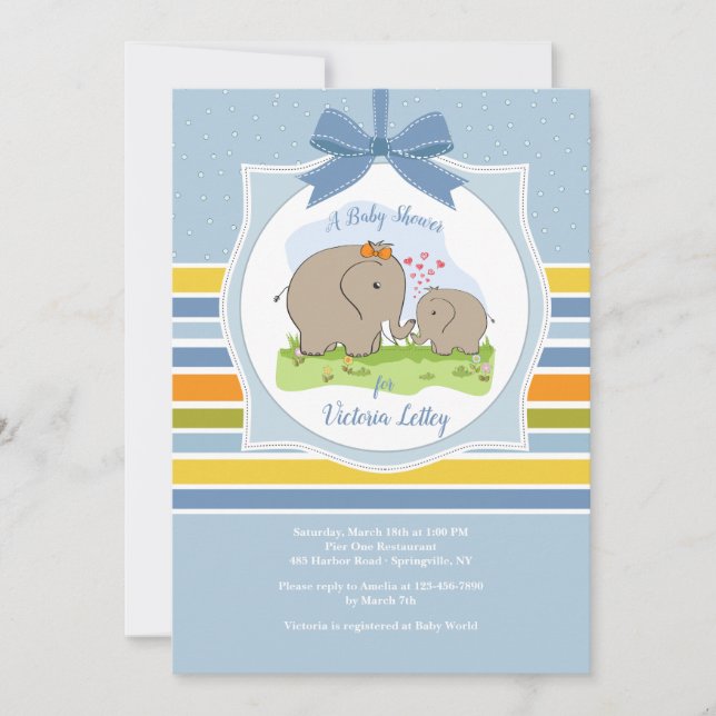 Invitation de douche pour Maman et bébé éléphant (Devant)