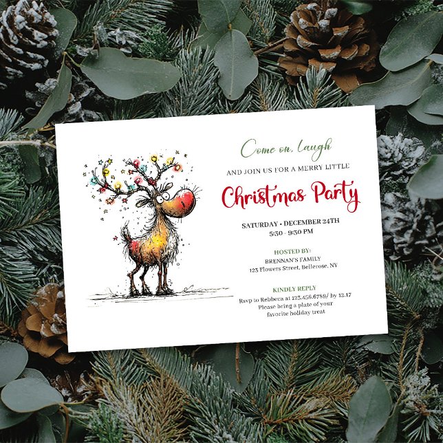 Invitation de fête à l'aquarelle de renne excentri (Trendy Quirky Reindeer Watercolor Party Invite)