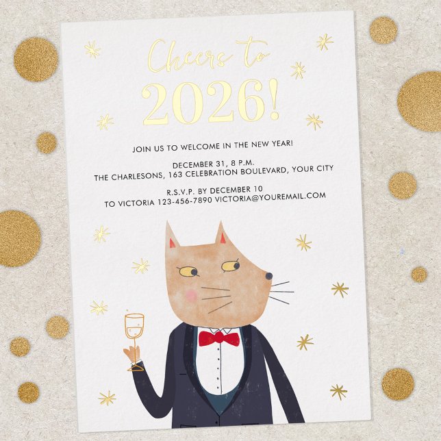 Invitation de fête à l'occasion du Nouvel An 2026  (Gold foil personalized text suave sophisticated cat humor New Year's Party 2026 invitation)
