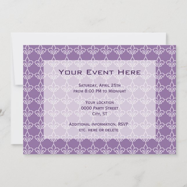 Invitation de fête à motif Fleur de Lis Violet Bla (Devant)