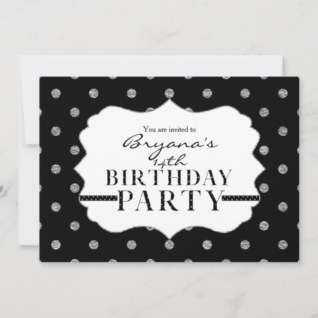 Invitation de fête à pois faux noir et argent (Devant)