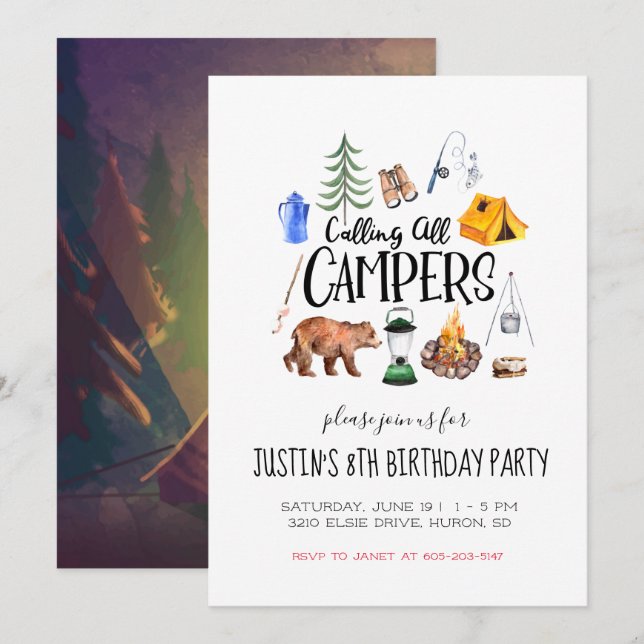 Invitation de fête à thème camping (Devant / Derrière)