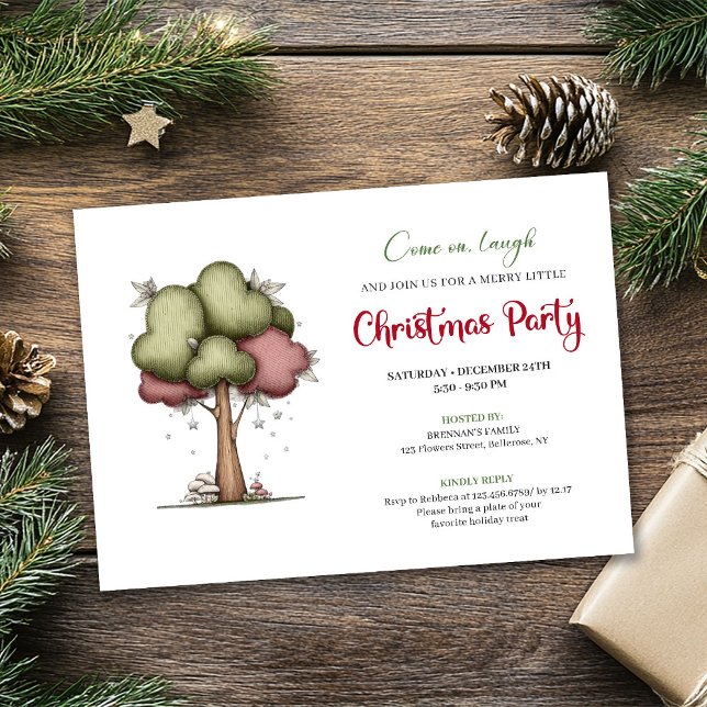 Invitation de fête amusante pour un arbre de Noël  (Funny Christmas tree cute watercolor party invite)