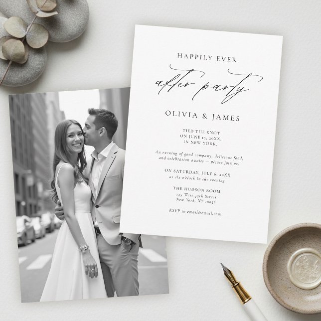 Invitation de fête après-mariage moderne minimalis (modern minimalist wedding after party invite typography calligrahy black white city contemporary )