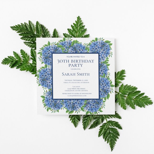 Invitation de fête aquarelle avec hydrangeas bleus (Créateur téléchargé)