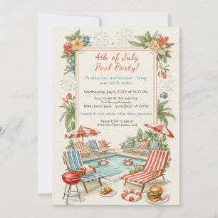 Invitation de fête au bord de la piscine du 4 juil