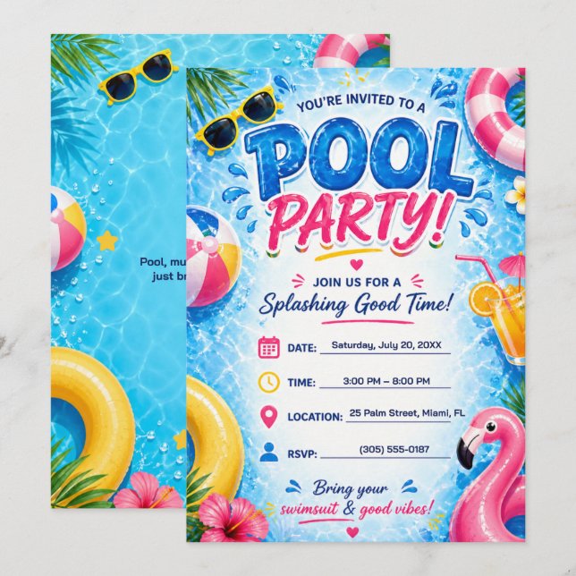 Invitation de fête au bord de la piscine Été lumin (Devant / Derrière)
