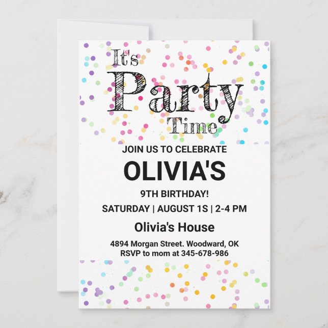 Invitation de fête au confetti, C'est l'heure de l (Devant)