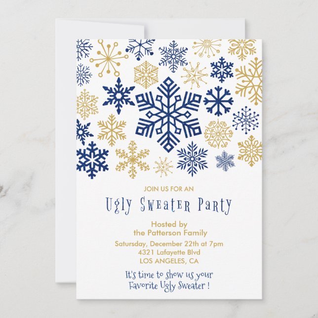 Invitation de fête au pull moche Flocons Élégants (Devant)
