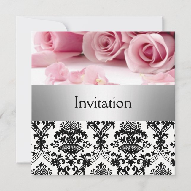 Invitation de fête aux roses roses damassées, date (Devant)