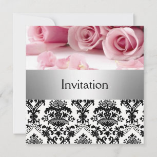 Invitation de fête aux roses roses damassées, date