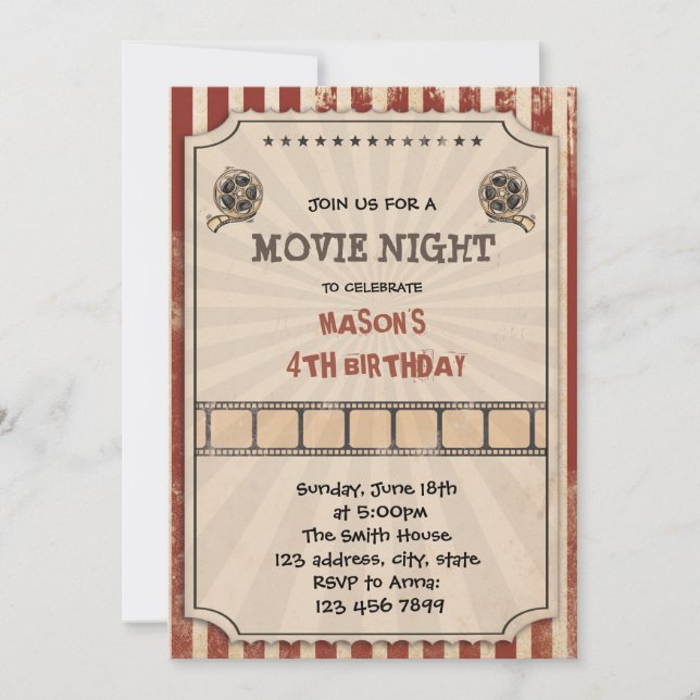 Invitation de fête avec billet de cinéma vintage (Devant)