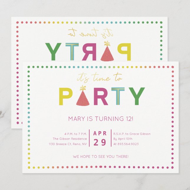Invitation de fête avec chapeau de fête à pois col (Devant / Derrière)