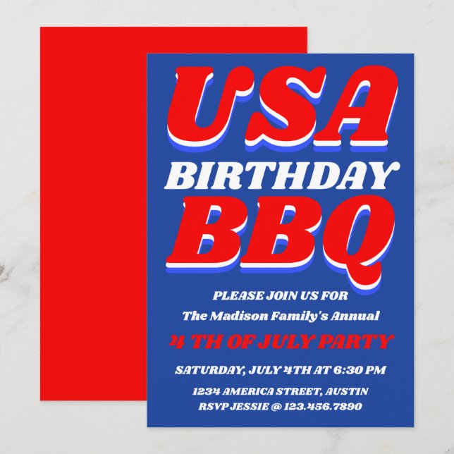 Invitation de fête BBQ patriotique USA (Devant / Derrière)