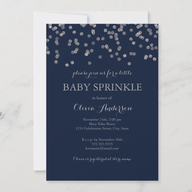 Invitation de fête bébé Navy Confetti Argent (Devant)