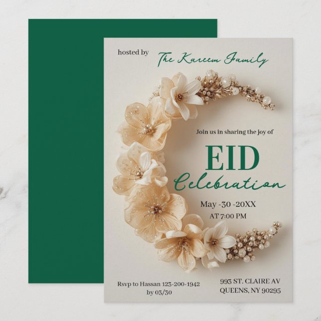 Invitation de fête Boho Floral Crescent Eid  (Devant / Derrière)