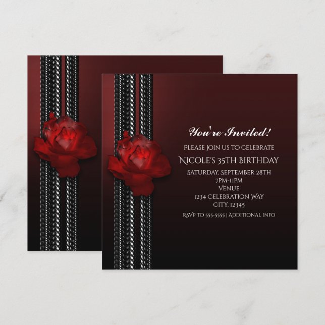 Invitation de fête burgundy Rose éclairée et dente (Devant / Derrière)