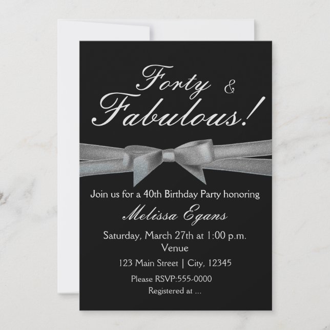 Invitation de fête chic à nœud noir et argent (Devant)