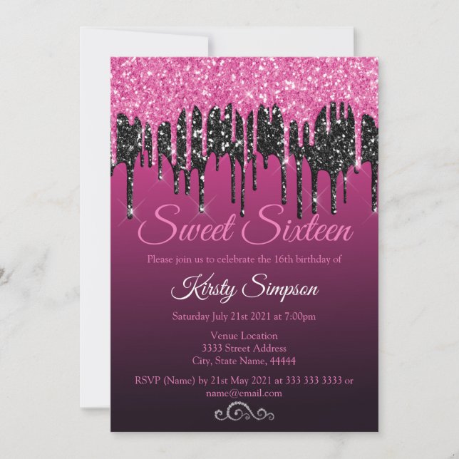 Invitation de fête chic noire et rose pailletée po (Devant)
