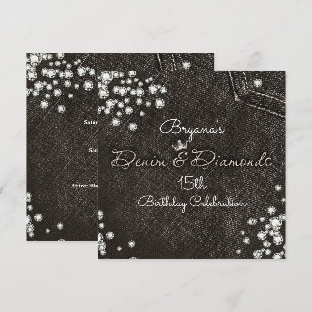 Invitation de fête couronne glamour en denim noir  (Devant / Derrière)