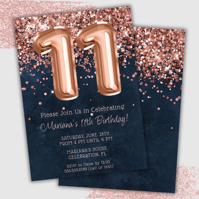 Invitation de fête d'anniversaire 11 ans Rose Gold (Créateur téléchargé)