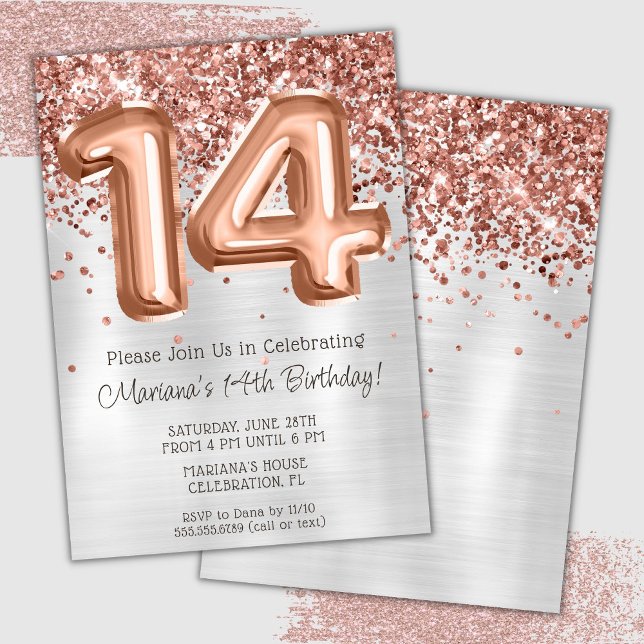 Invitation de fête d'anniversaire 14 ans Rose Gold (Créateur téléchargé)
