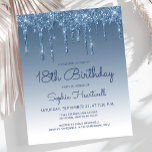 Invitation de fête d'anniversaire 18 ans Budget Gl<br><div class="desc">Cette invitation de fête d'anniversaire 18 ans tendance présente une bordure de fausse goutte de paillettes bleues scintillantes et un fond ombré bleu. Les mots "18e anniversaire" et le nom de l'invité d'honneur apparaissent dans une écriture manuscrite bleue décontractée, le reste du texte personnalisable étant en police sans serif bleue....</div>