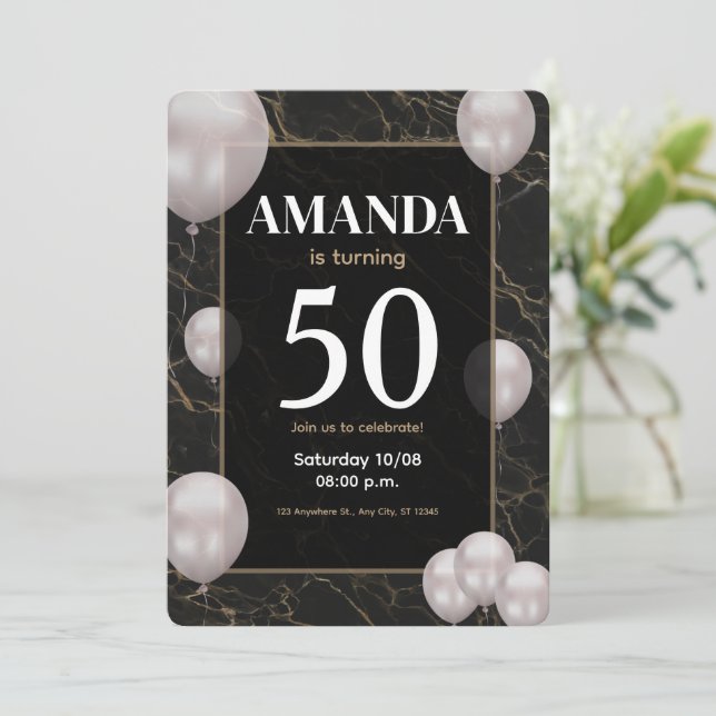 Invitation de fête d'anniversaire 50 ans or et noi (Debout devant)